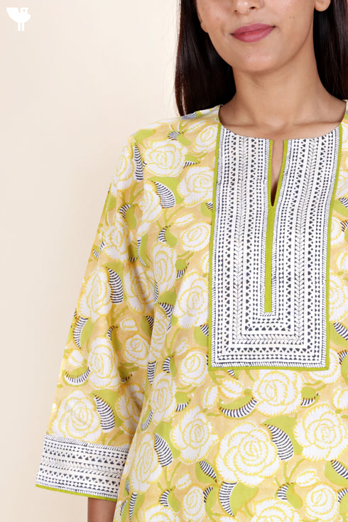 Cambric Cotton Kurta And Pant Set With Kota Dupatta In Block Print